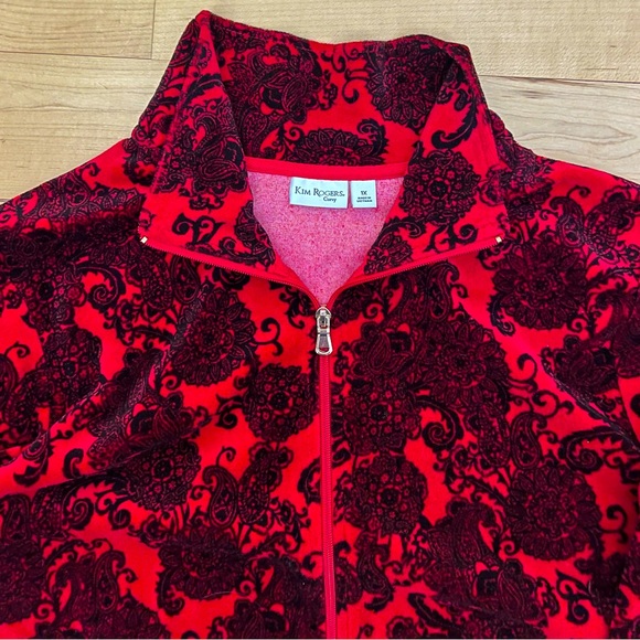 KIM ROGERS CURVY Velour Floral Scroll Red & Black Zip Jacket 2 pockets Sz 1X NEW - Picture 4 of 5